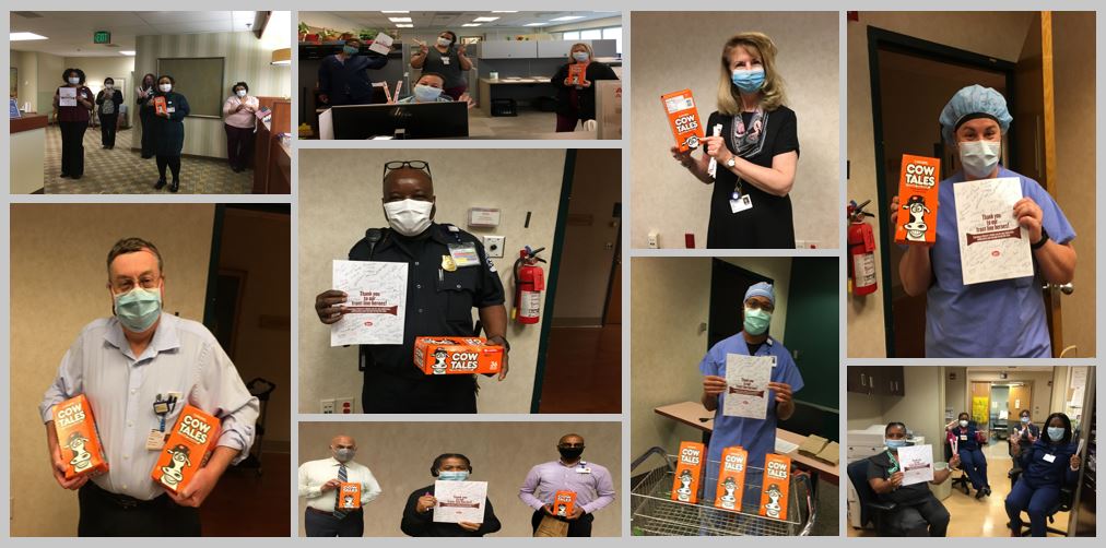 Collage of healthcare workers at Good Samaritan Hospital holding Cow Tales candy boxes and thank-you notes, all wearing masks and showing appreciation for a donation.