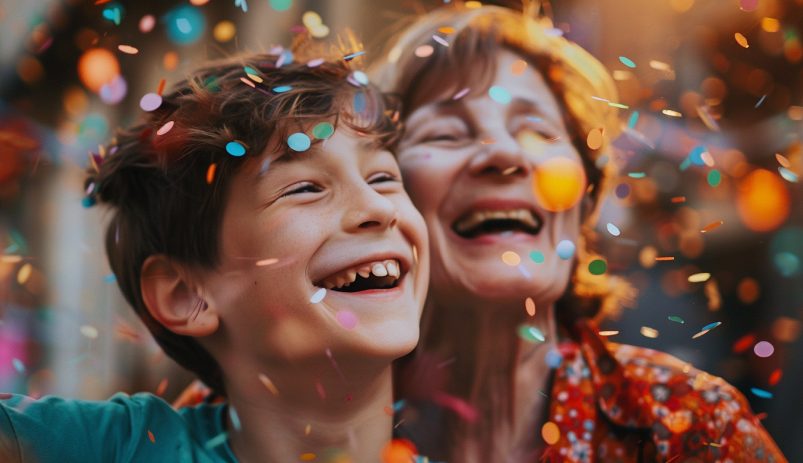 Smiling people showered in confetti