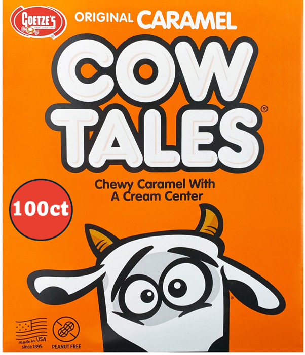 A pack of 100 ct caramel Cow Tales