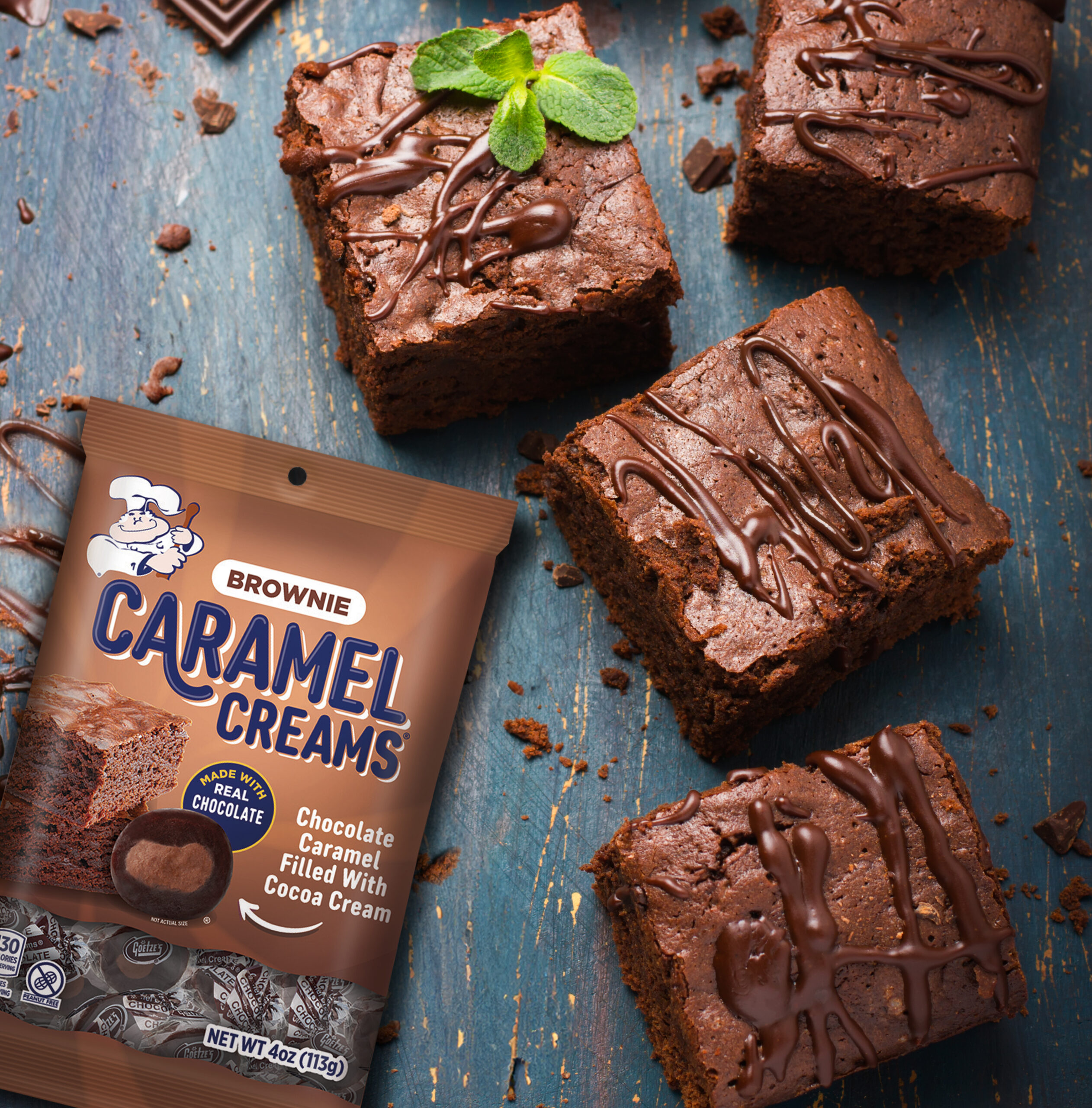 homemade chocolate brownies with a bag of Brownie Caramel Creams