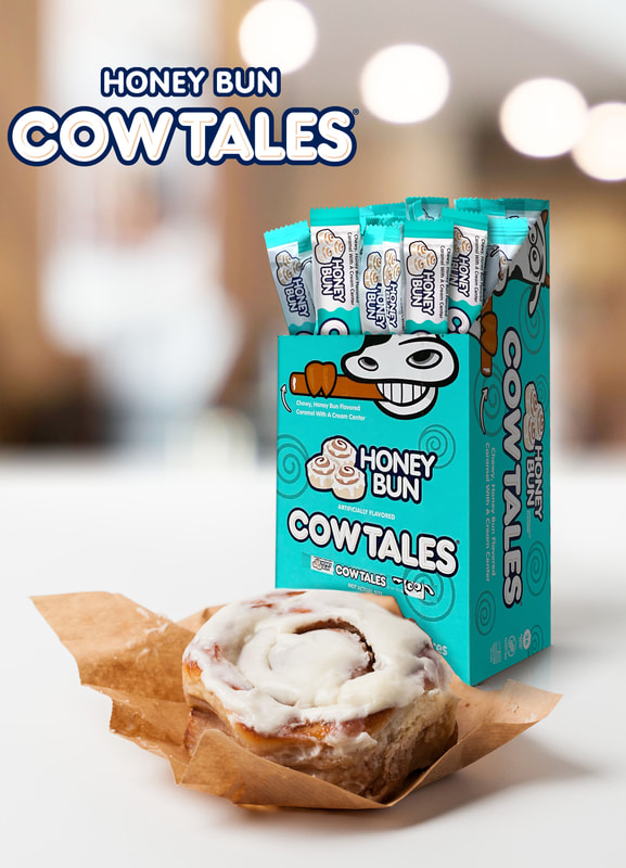 Honey Bun Cow Tales® pack with an actual honey bun sitting in front of it on a brown wrapper.