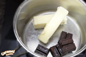 chocolate and butter in a mixing bowl