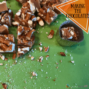 Making the caramel creams pretzel chocolates
