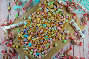 The entire caramel peanut butter cookie covered in a variety of candy