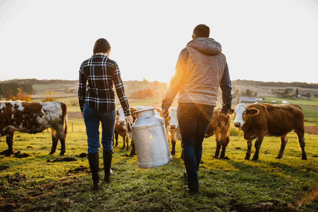 Man and woman carrying milk