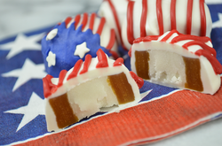 red, white, and blue caramels cut in half