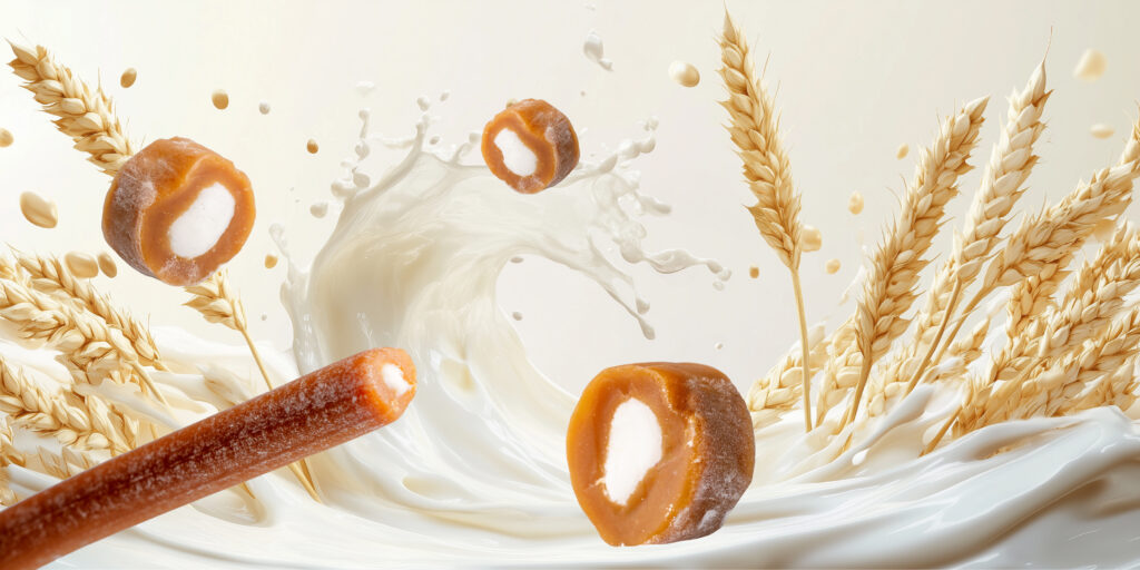 Goetze Caramel Creams and Cow Tales floating among splashes of milk and golden wheat stalks.